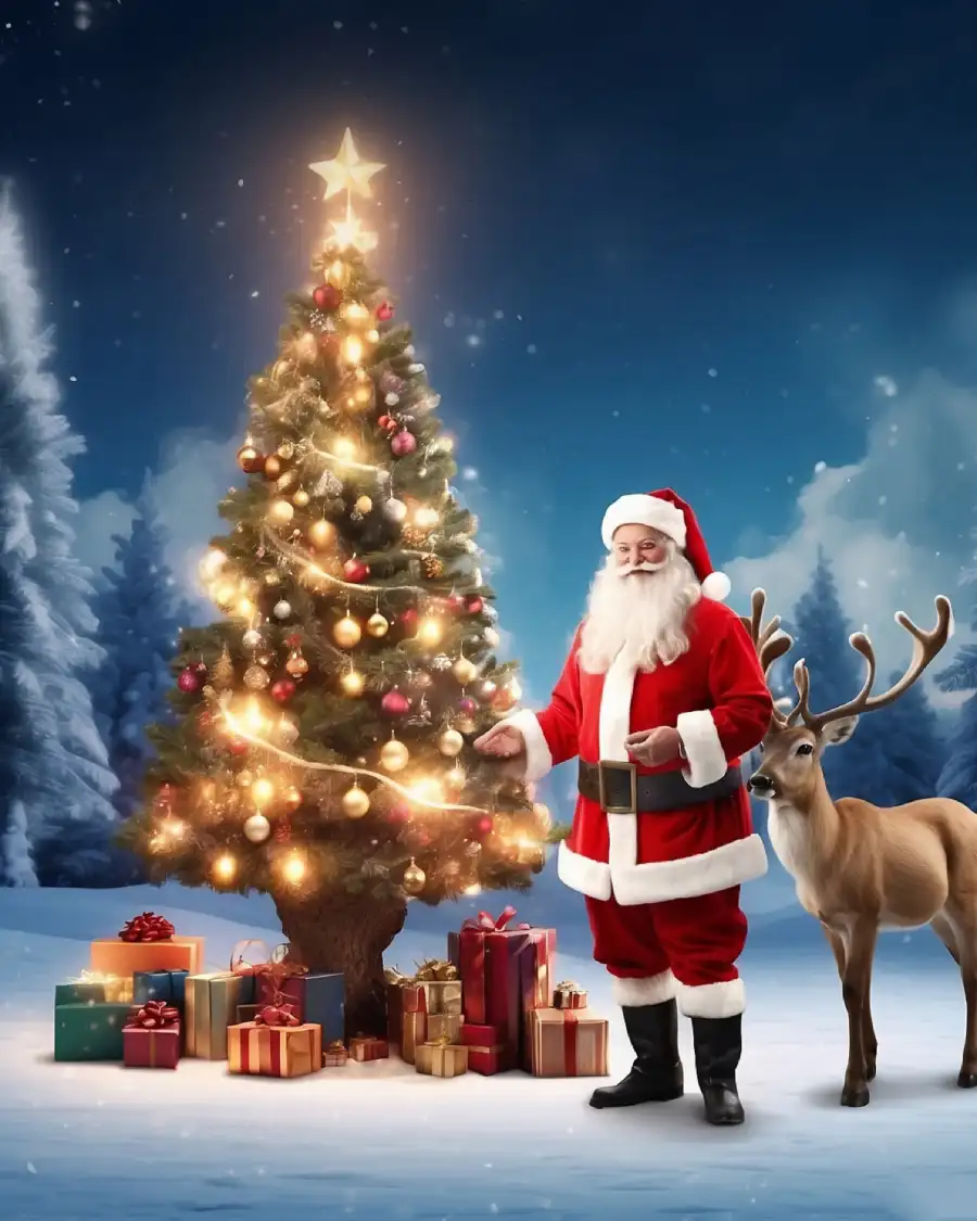 Santa With Reindeer In Front Of Christmas Tree  Christmas Editing Background  HD