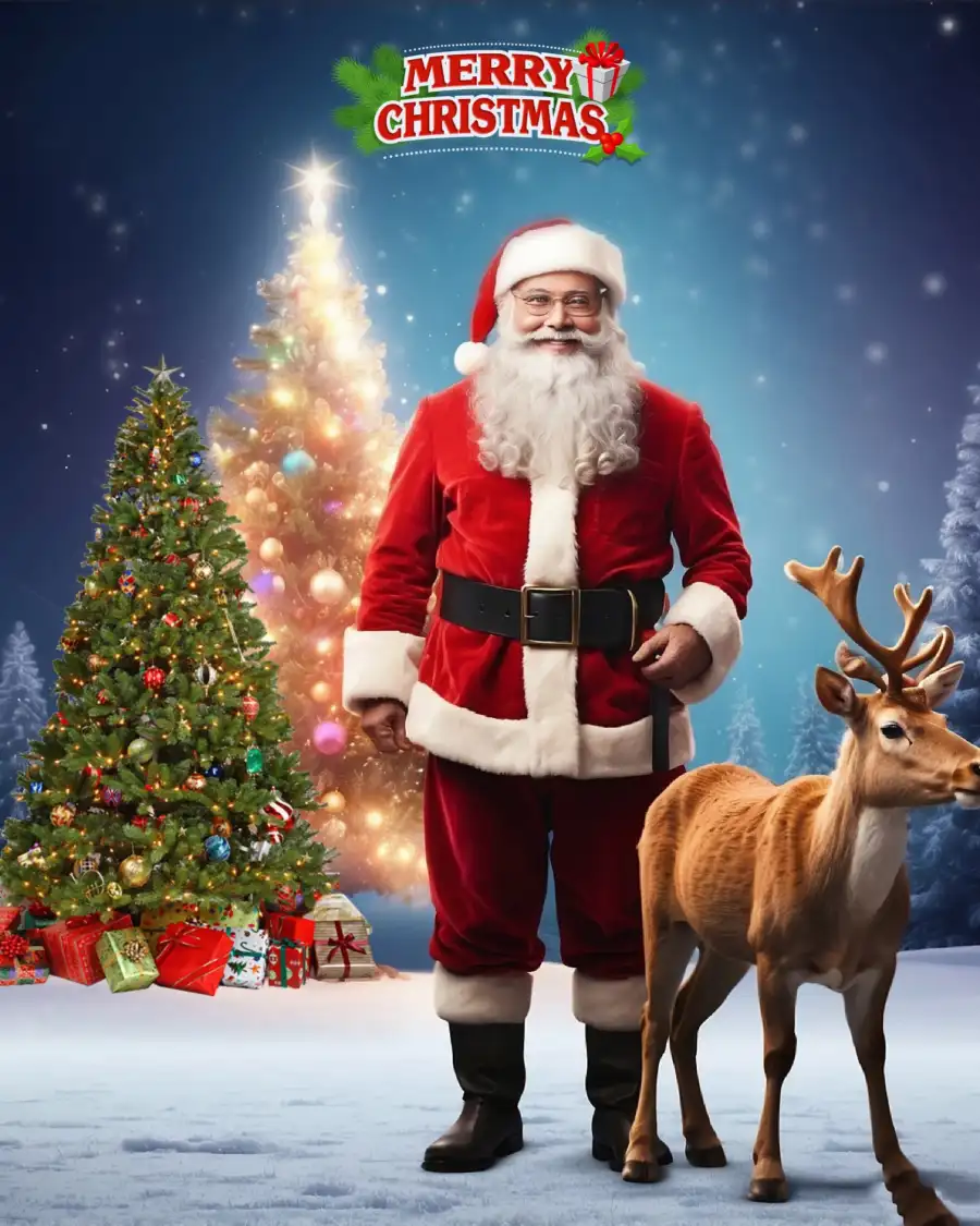 Santa With Reindeer In Front Of Christmas Tree  Editing Background