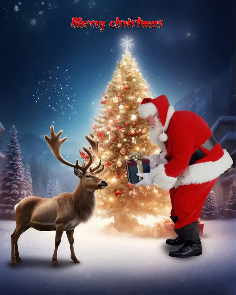 Santa With Reindeer In Front Of Christmas Tree  Editing Background