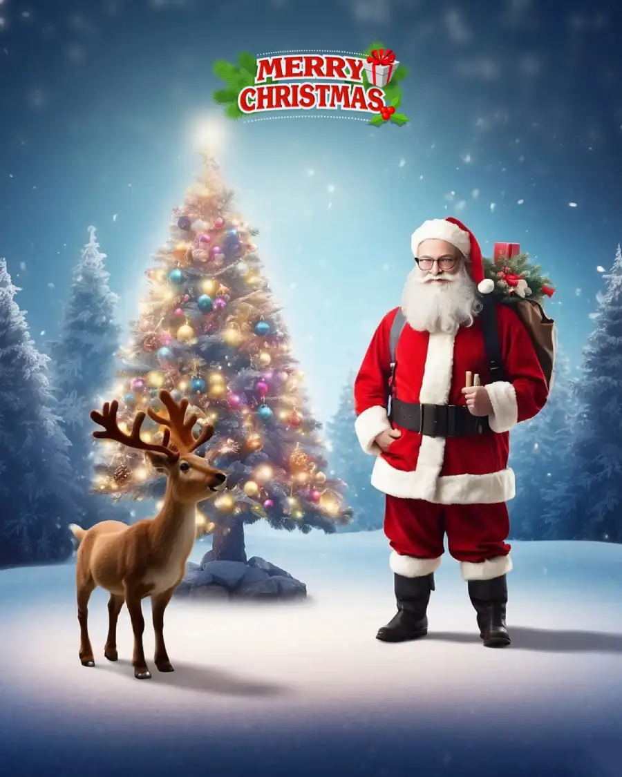 Santa With Reindeer In Front Of Christmas Tree  Editing Background