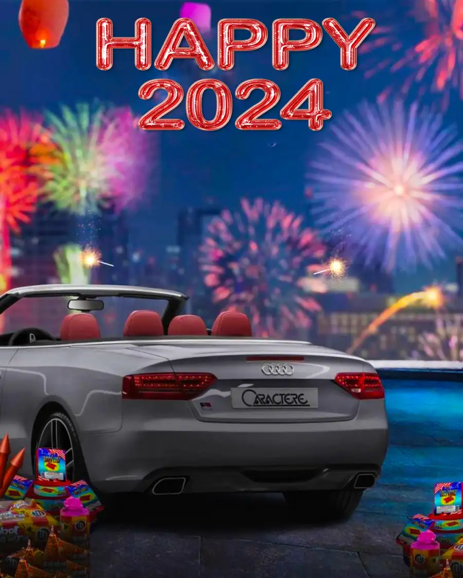 Snapseed 2024 Happy New Year Car Parked With Fireworks In The Background Background