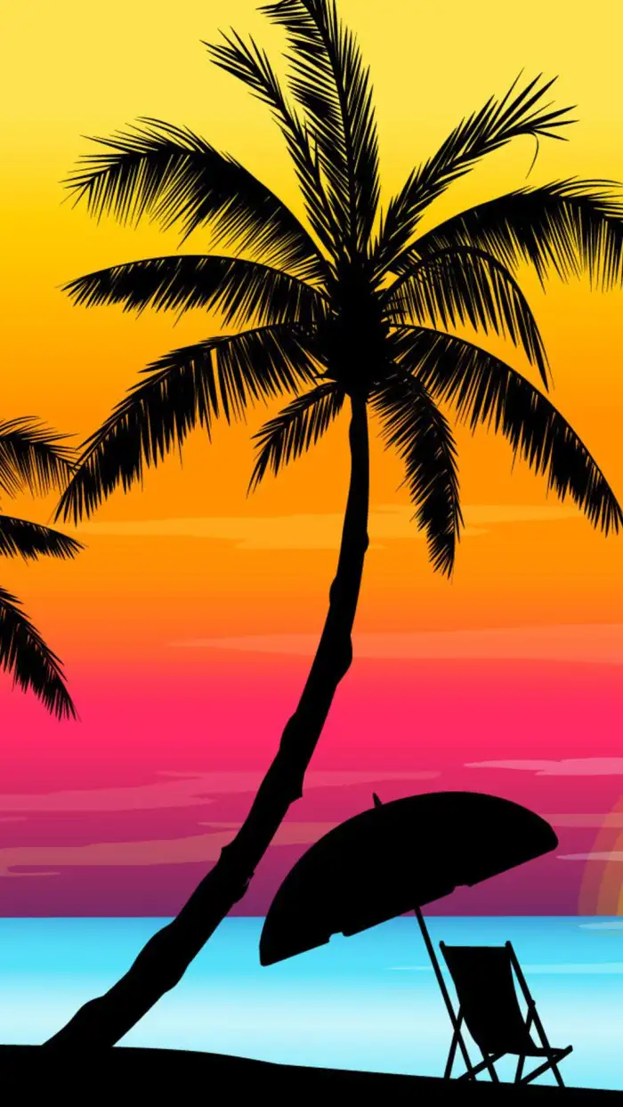 Sunset Beach Palm Tree Rainbow Sky Background Free