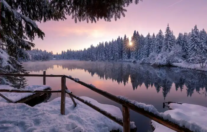 Sunset Snrise Lake Winter Forest Background HD Wallpapers