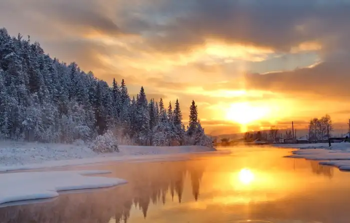 Sunset Snrise Lake Winter Forest Background HD Wallpapers