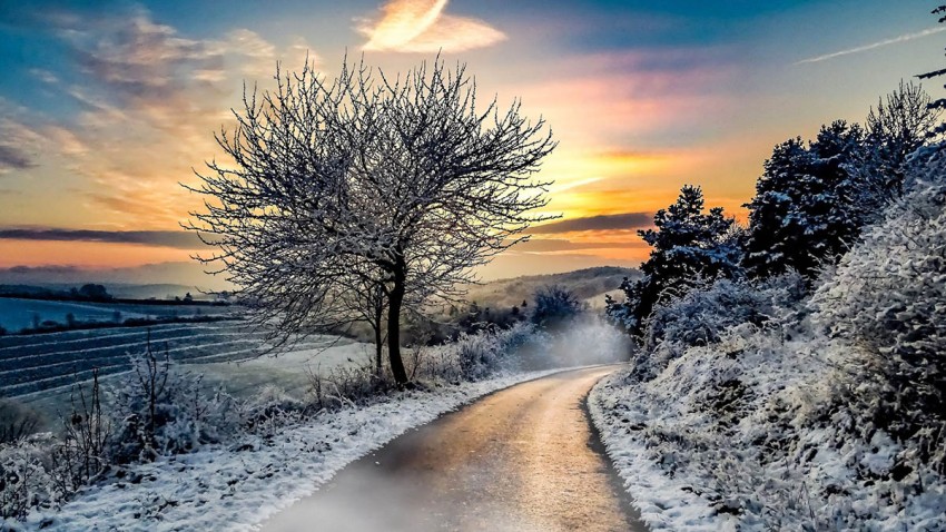 Sunset Winter Road Background Full HD Download Free