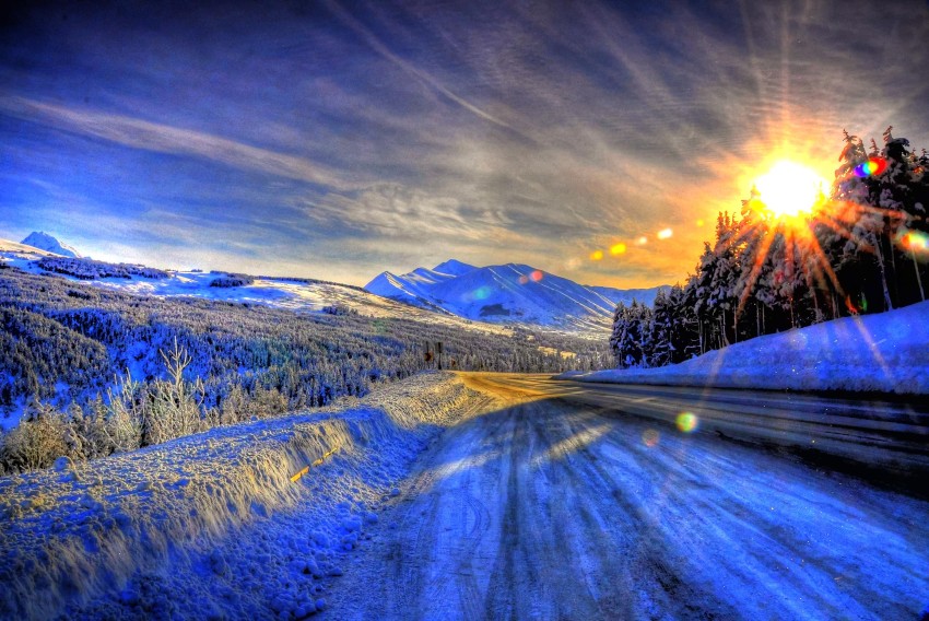 Sunset Winter Road Background Full HD Download Free