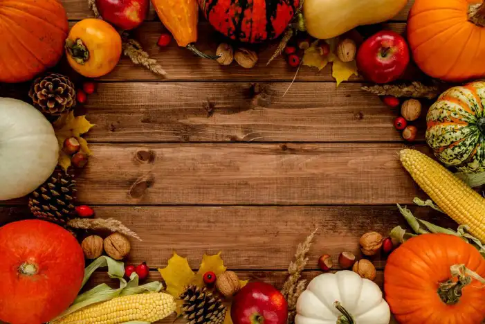 Thanksgiving Pumpkins And Food On A Wood Surface Background HD Images