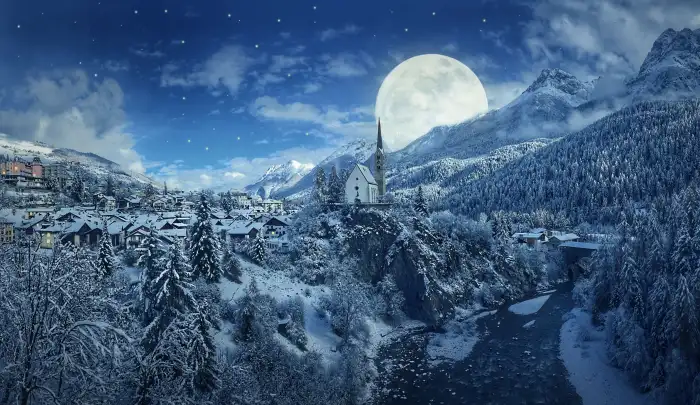 Winter Forest Moon In Sky Background HD Wallpaper Free