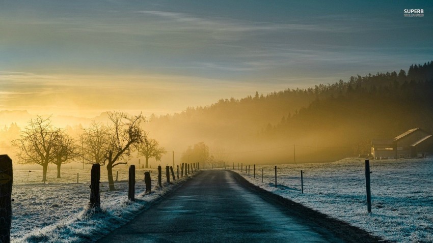 Winter Long Road Background Wallpaper Full HD